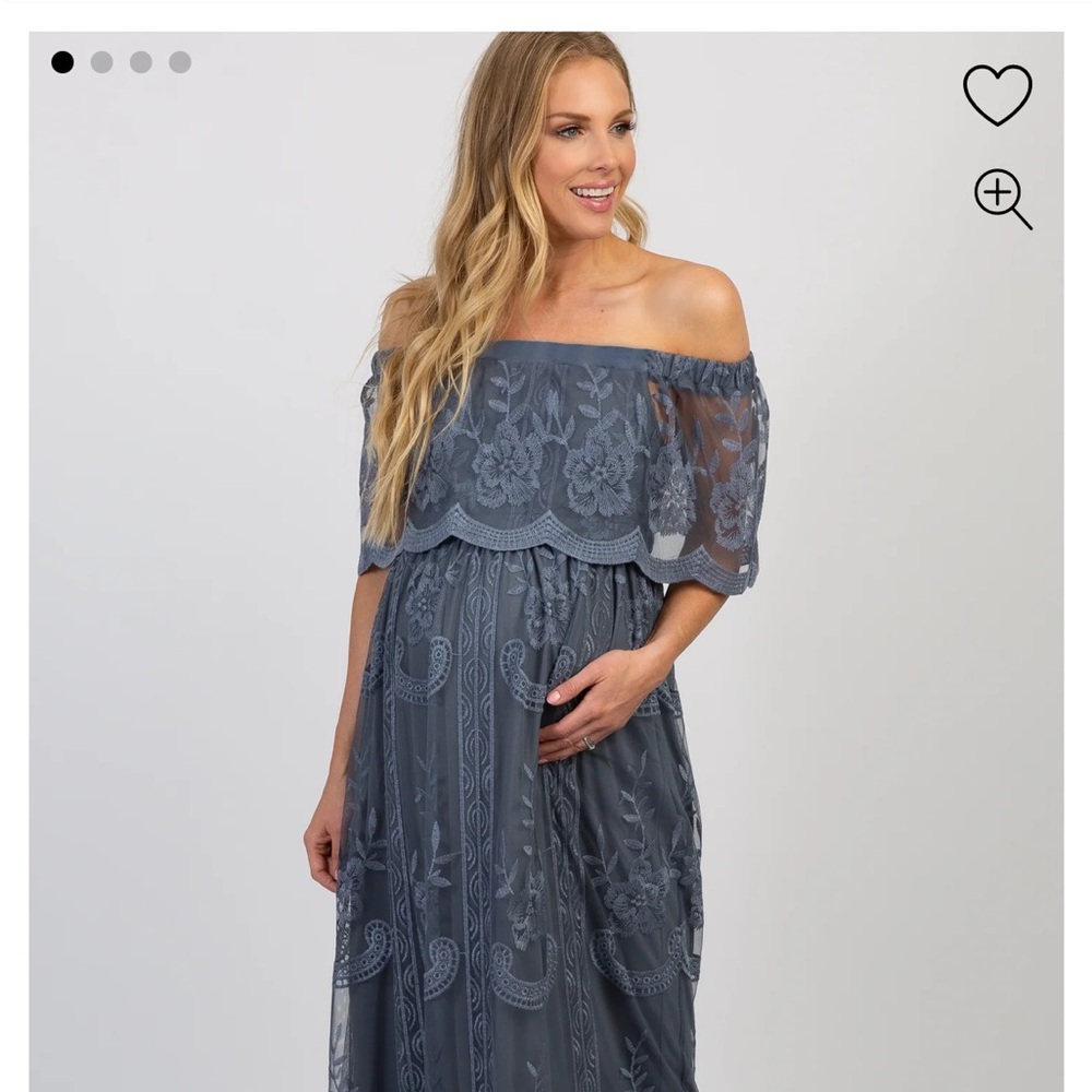 Blue Lace Mesh Overlay Off Shoulder Maternity Maxi Dress